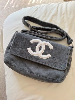 CHANEL Gray Terrycloth Shoulder Bag with White CC Emblem